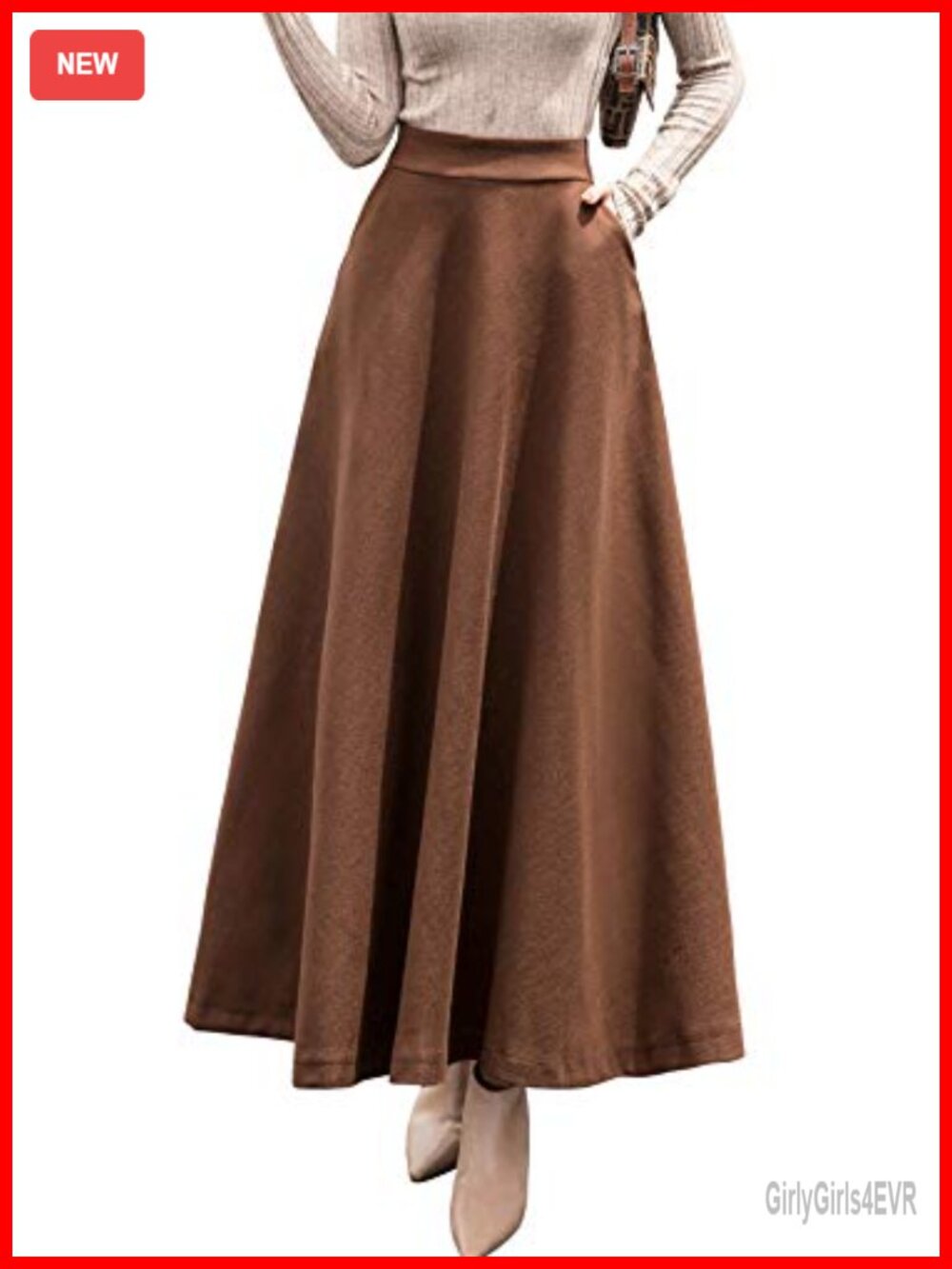 Wool Blend A-Line Pleated High Rise Maxi Skater Skirt with Pockets